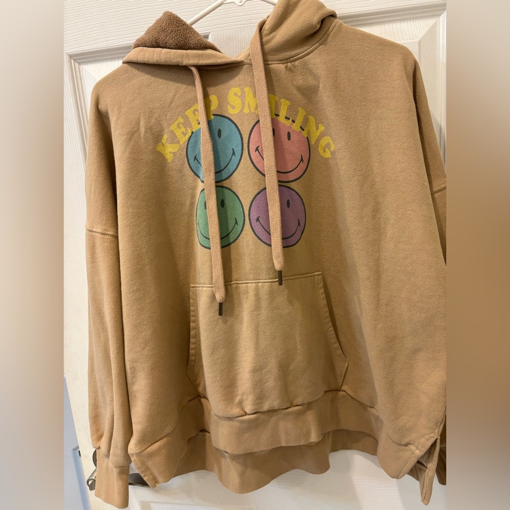 American Eagle Outfitters Tan Fleece Hoodie- Keep Smiling